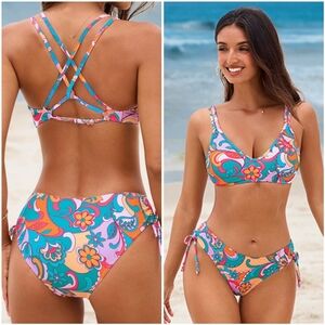 NWT Cupshe Floral Paisley Strappy Two Piece Low Rise Bikini Swimsuit Bathing L